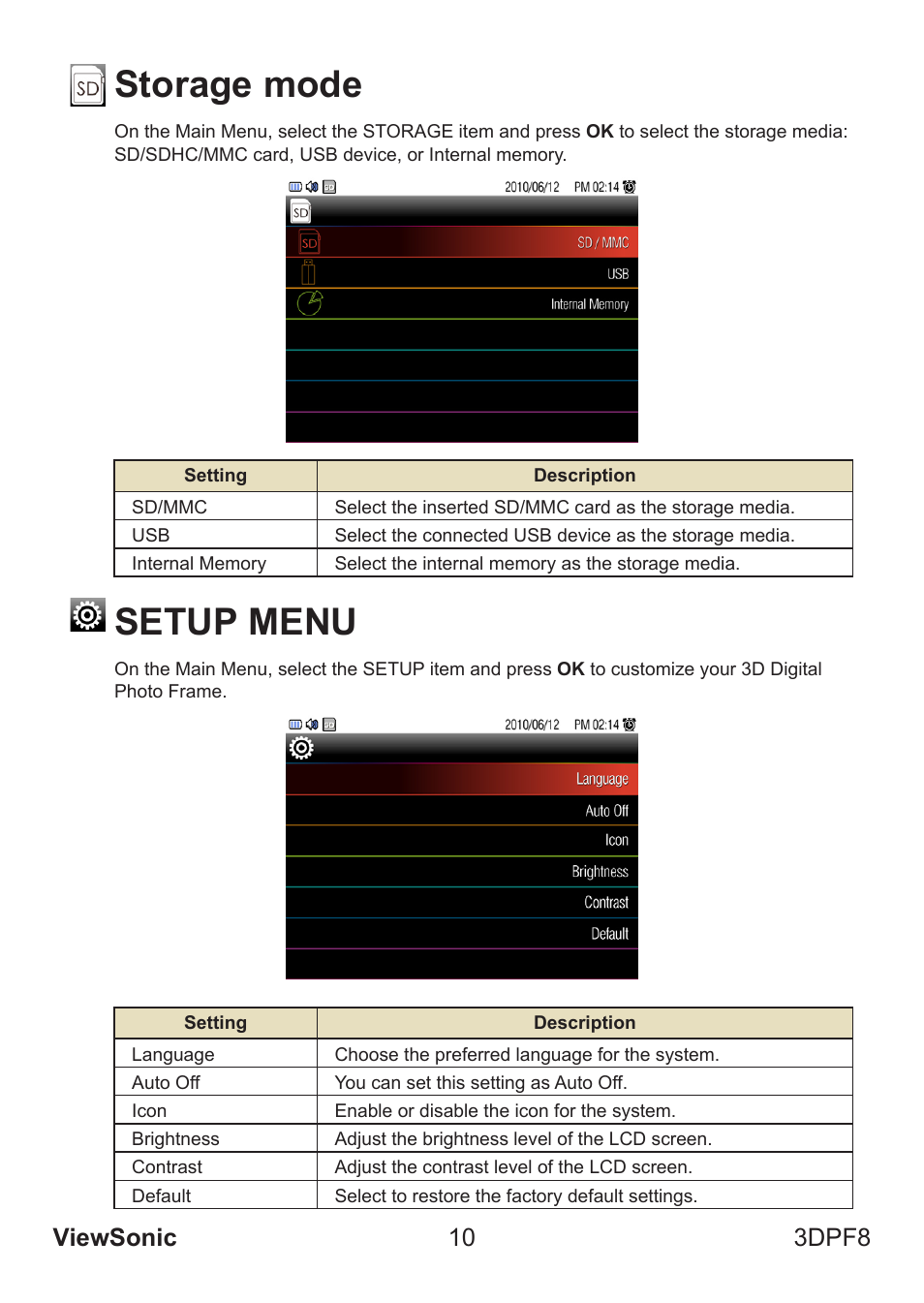 Storage mode, Setup menu, Viewsonic 10 3dpf8 | VIEWSONIC VS13808 User Manual | Page 16 / 23