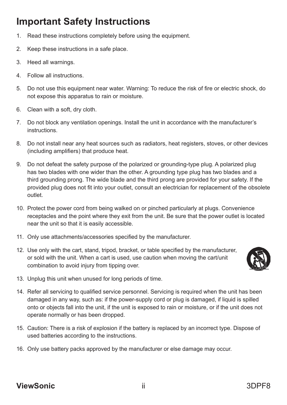 Important safety instructions, Viewsonic ii 3dpf8 | VIEWSONIC VS13808 User Manual | Page 3 / 23
