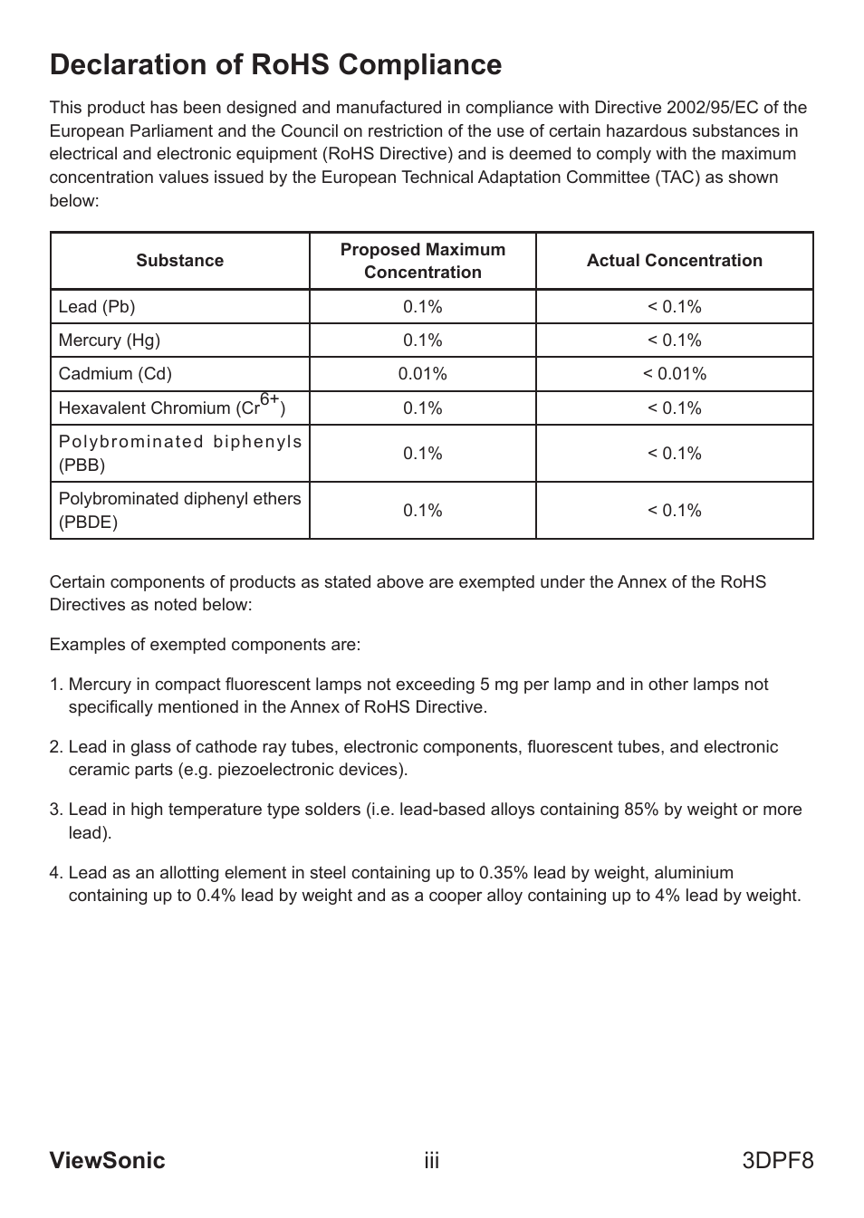 Declaration of rohs compliance, Viewsonic iii 3dpf8 | VIEWSONIC VS13808 User Manual | Page 4 / 23