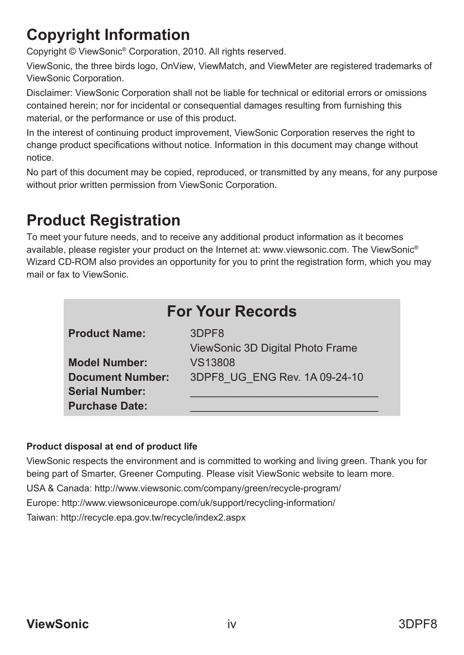 Copyright information, Product registration, For your records | Viewsonic iv 3dpf8 | VIEWSONIC VS13808 User Manual | Page 5 / 23