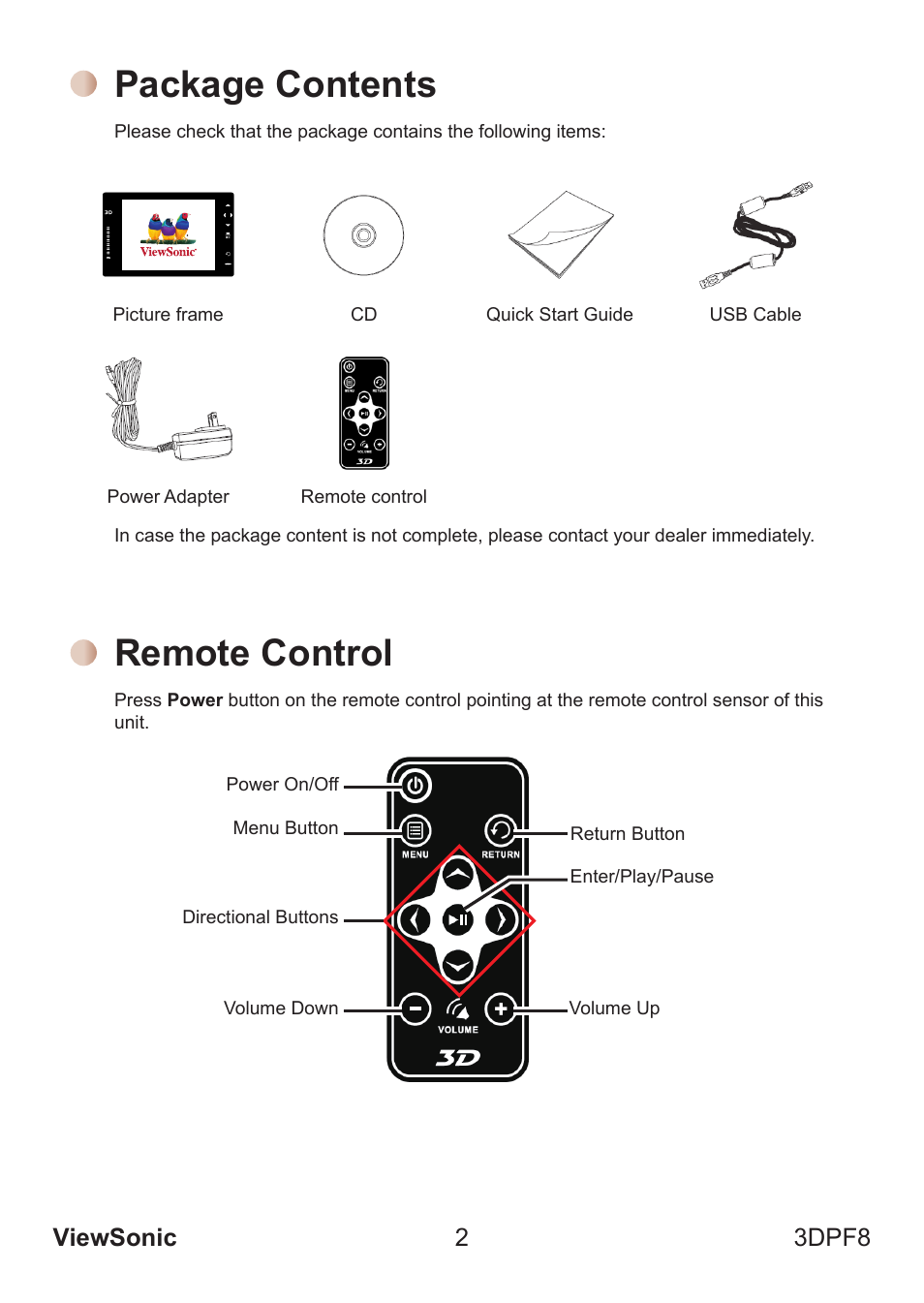Package contents, Remote control, Viewsonic 2 3dpf8 | VIEWSONIC VS13808 User Manual | Page 8 / 23