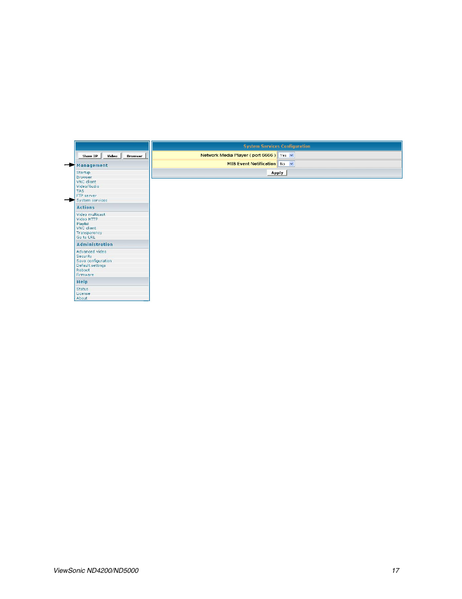 System services configuration | VIEWSONIC ND5000 User Manual | Page 21 / 43