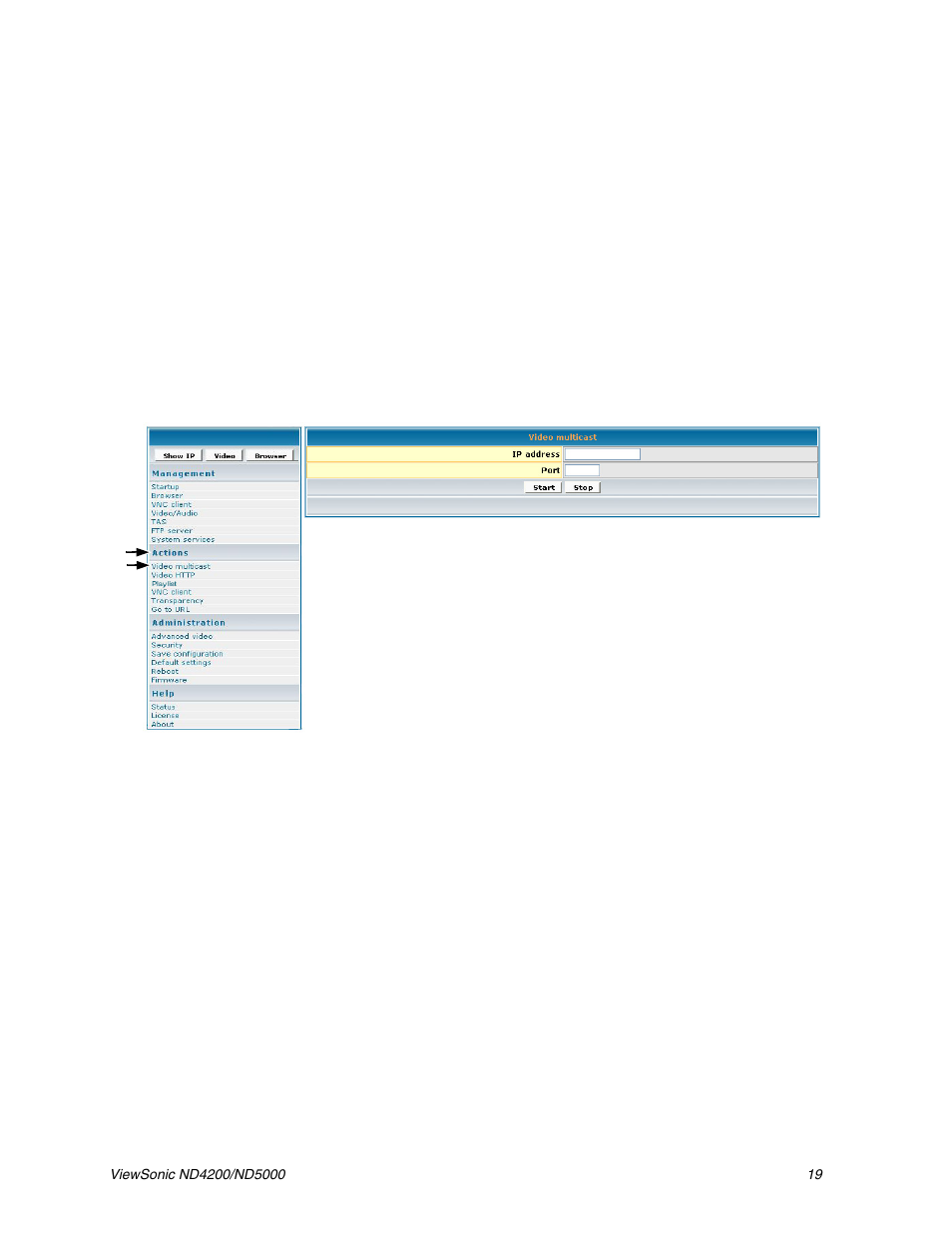 Actions, Video multicast | VIEWSONIC ND5000 User Manual | Page 23 / 43