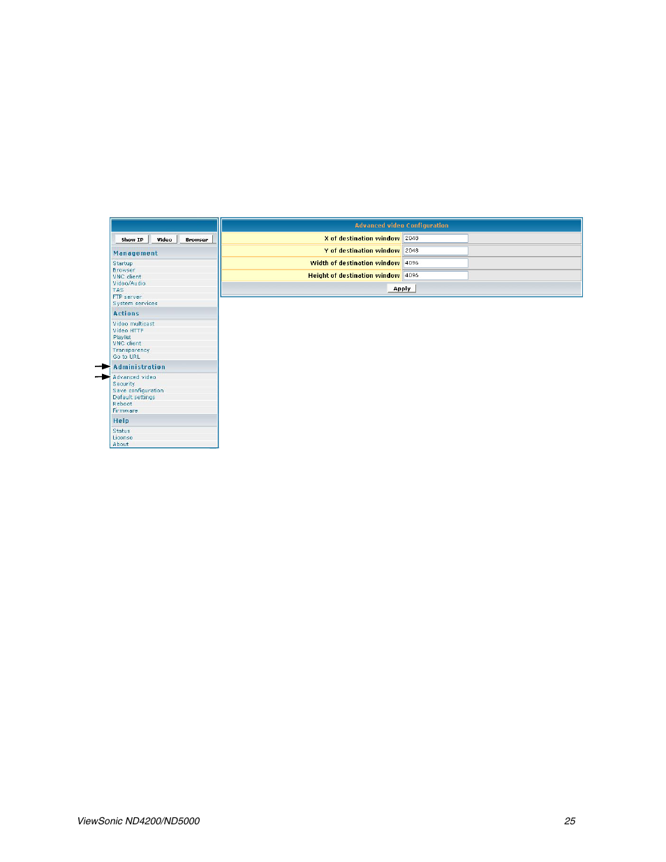 Administration, Advanced video configuration | VIEWSONIC ND5000 User Manual | Page 29 / 43