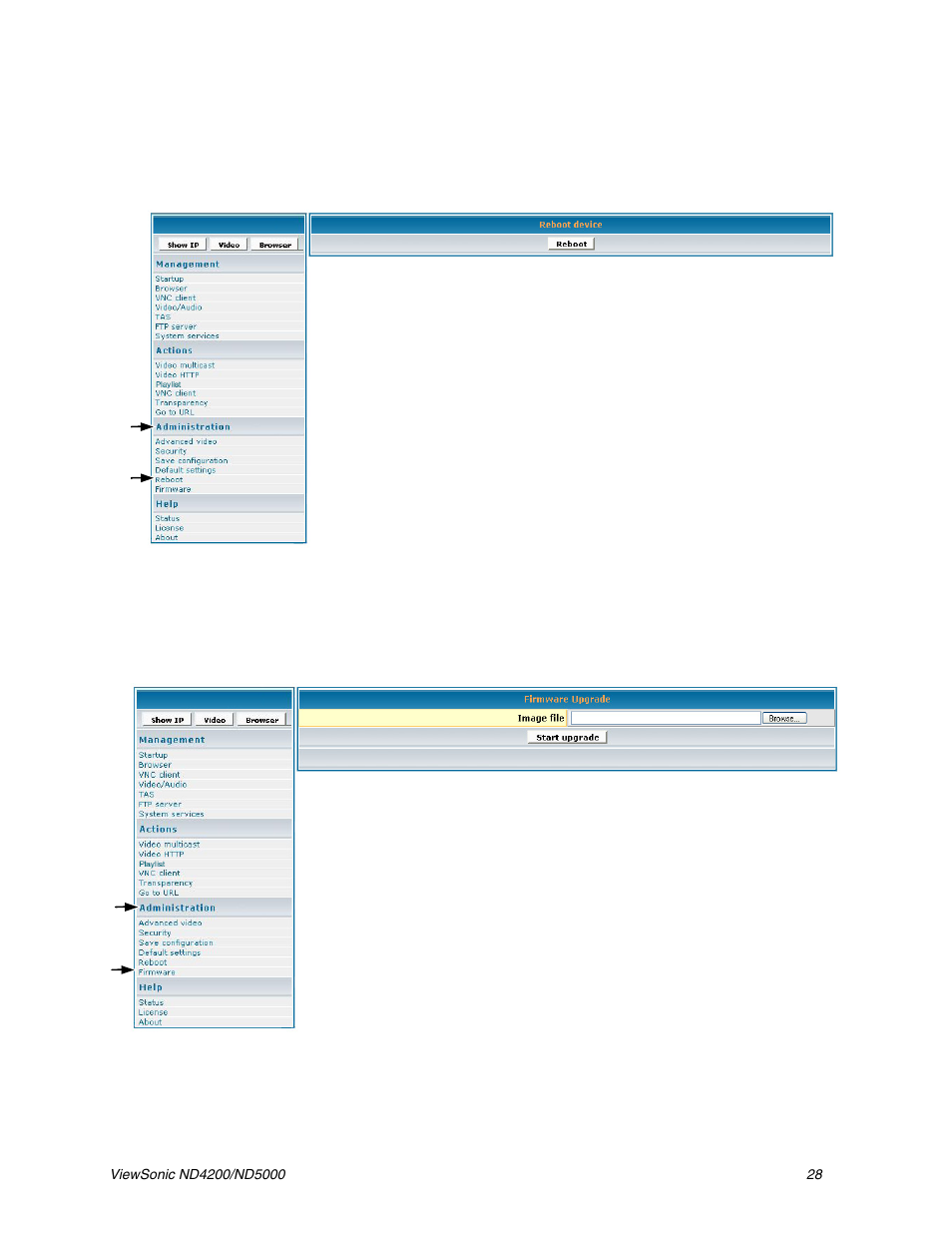 Reboot, Firmware upgrade | VIEWSONIC ND5000 User Manual | Page 32 / 43