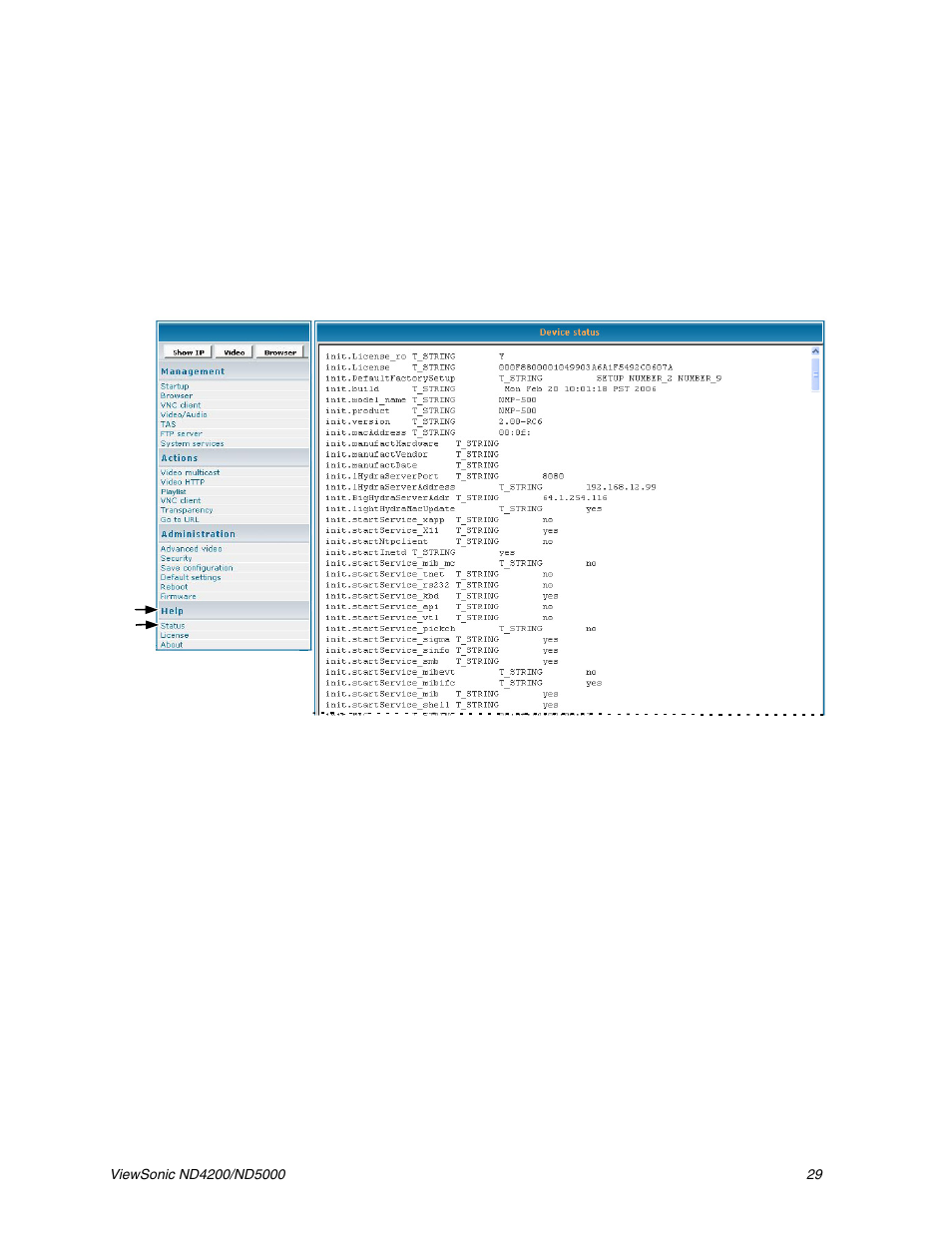 Help, Status | VIEWSONIC ND5000 User Manual | Page 33 / 43