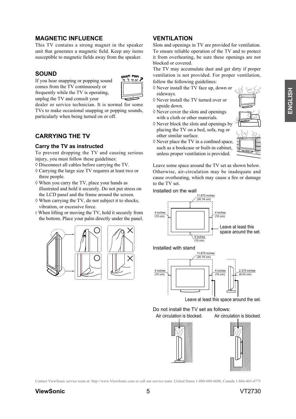 5english, Viewsonic vt2730 magnetic influence, Sound | Carrying the tv, Ventilation | VIEWSONIC VT2730 User Manual | Page 10 / 52