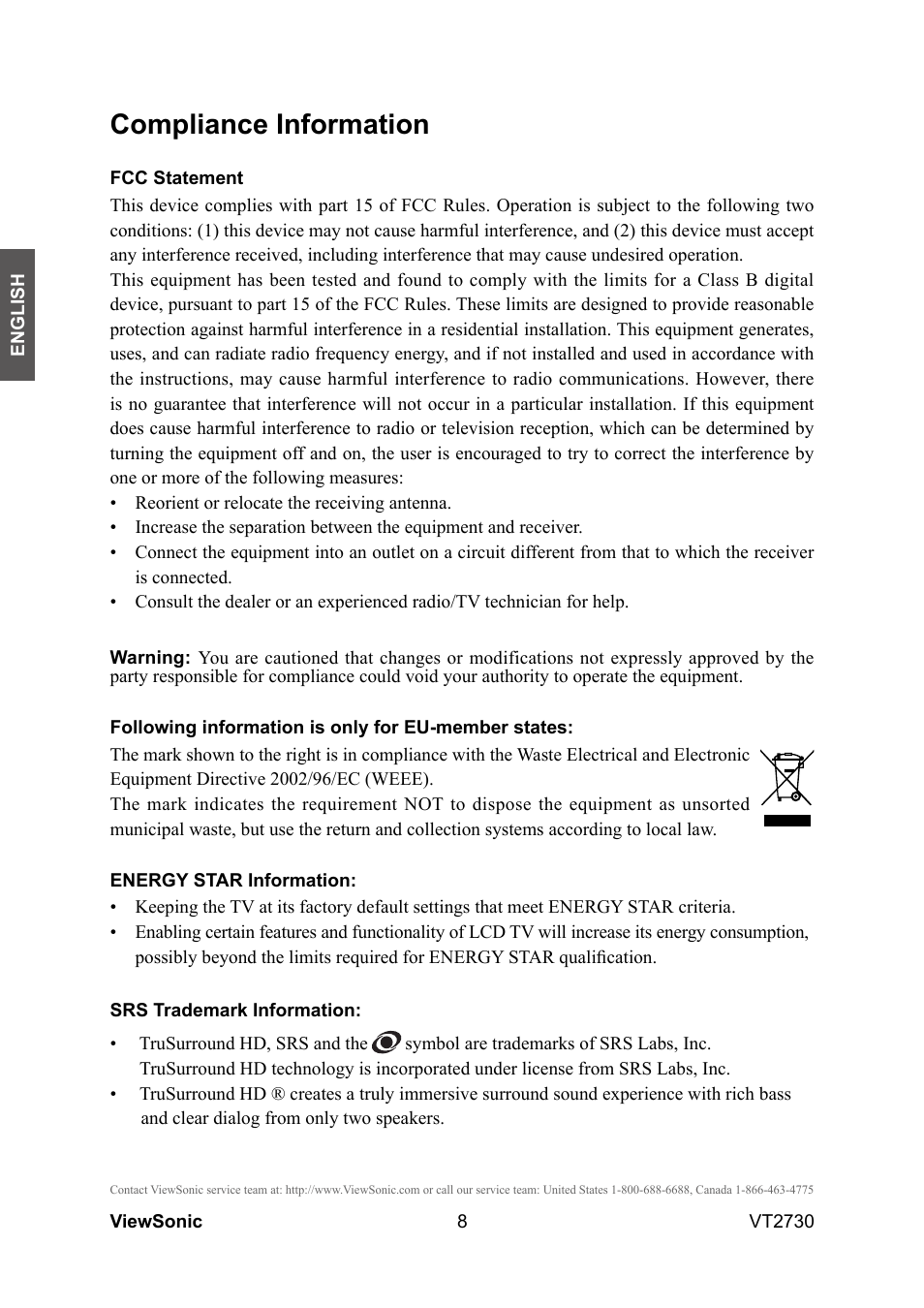 Compliance information | VIEWSONIC VT2730 User Manual | Page 13 / 52