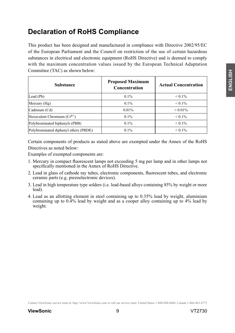 Declaration of rohs compliance | VIEWSONIC VT2730 User Manual | Page 14 / 52