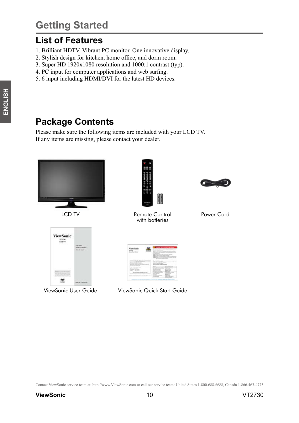 Getting started, Package contents, List of features | VIEWSONIC VT2730 User Manual | Page 15 / 52