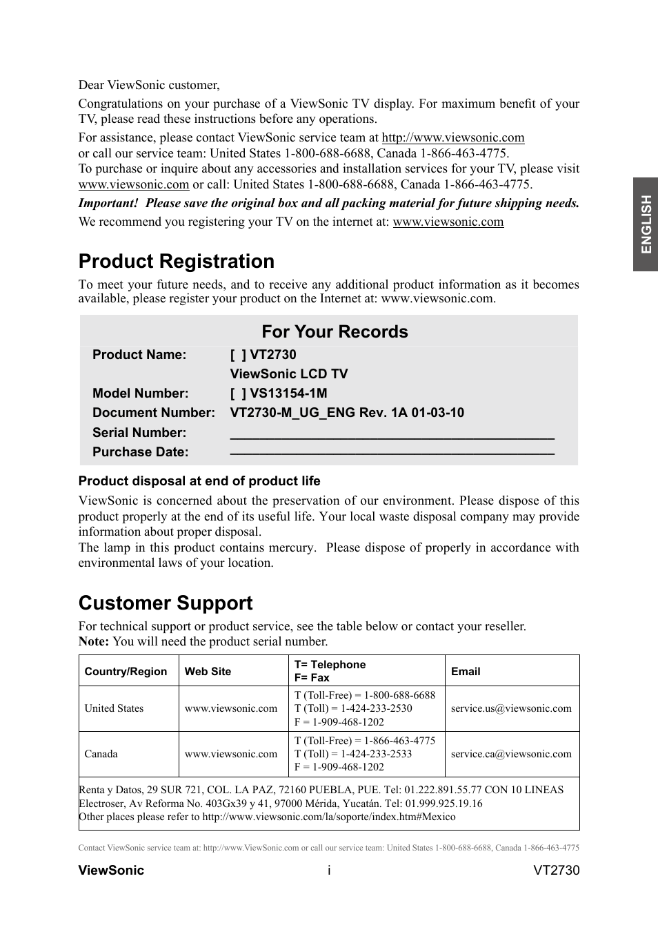 Customer support, Product registration, For your records | VIEWSONIC VT2730 User Manual | Page 2 / 52