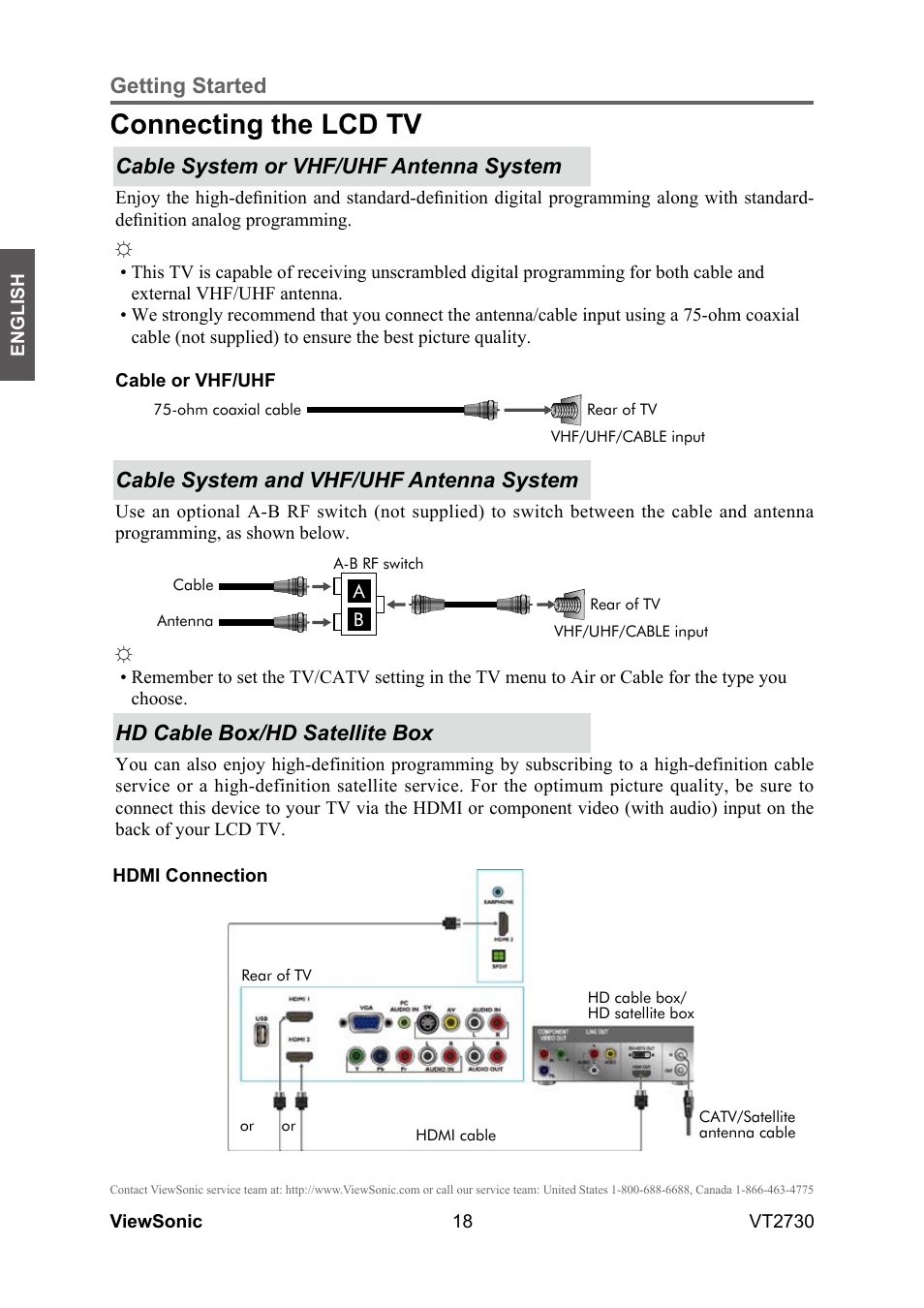 Connecting the lcd tv, Cable system and vhf/uhf antenna system, Hd cable box/hd satellite box | VIEWSONIC VT2730 User Manual | Page 23 / 52