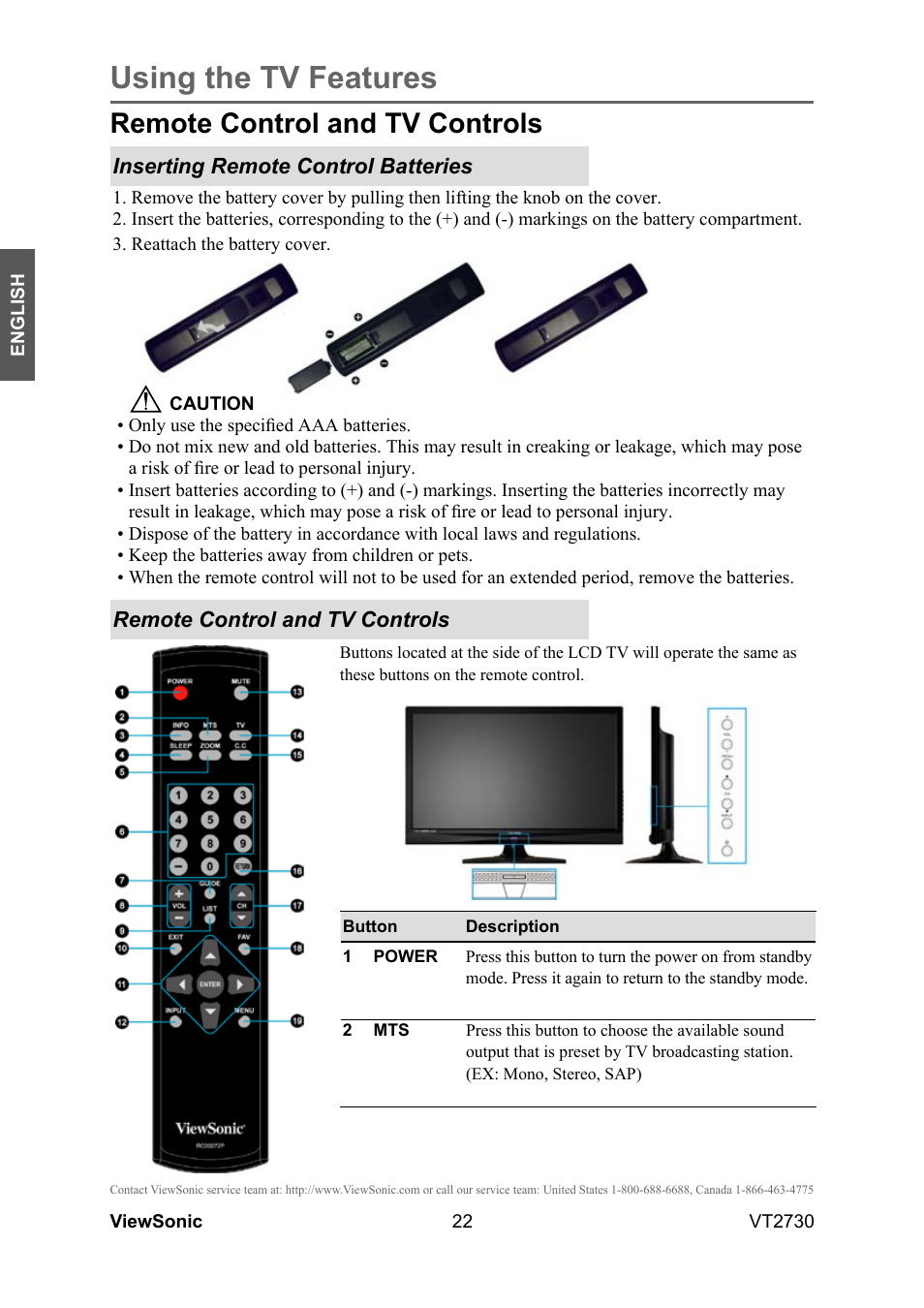 Using the tv features, Remote control and tv controls | VIEWSONIC VT2730 User Manual | Page 27 / 52