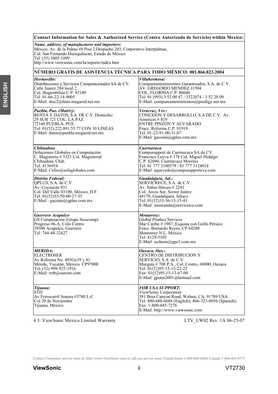 English, Viewsonic vt2730 | VIEWSONIC VT2730 User Manual | Page 3 / 52