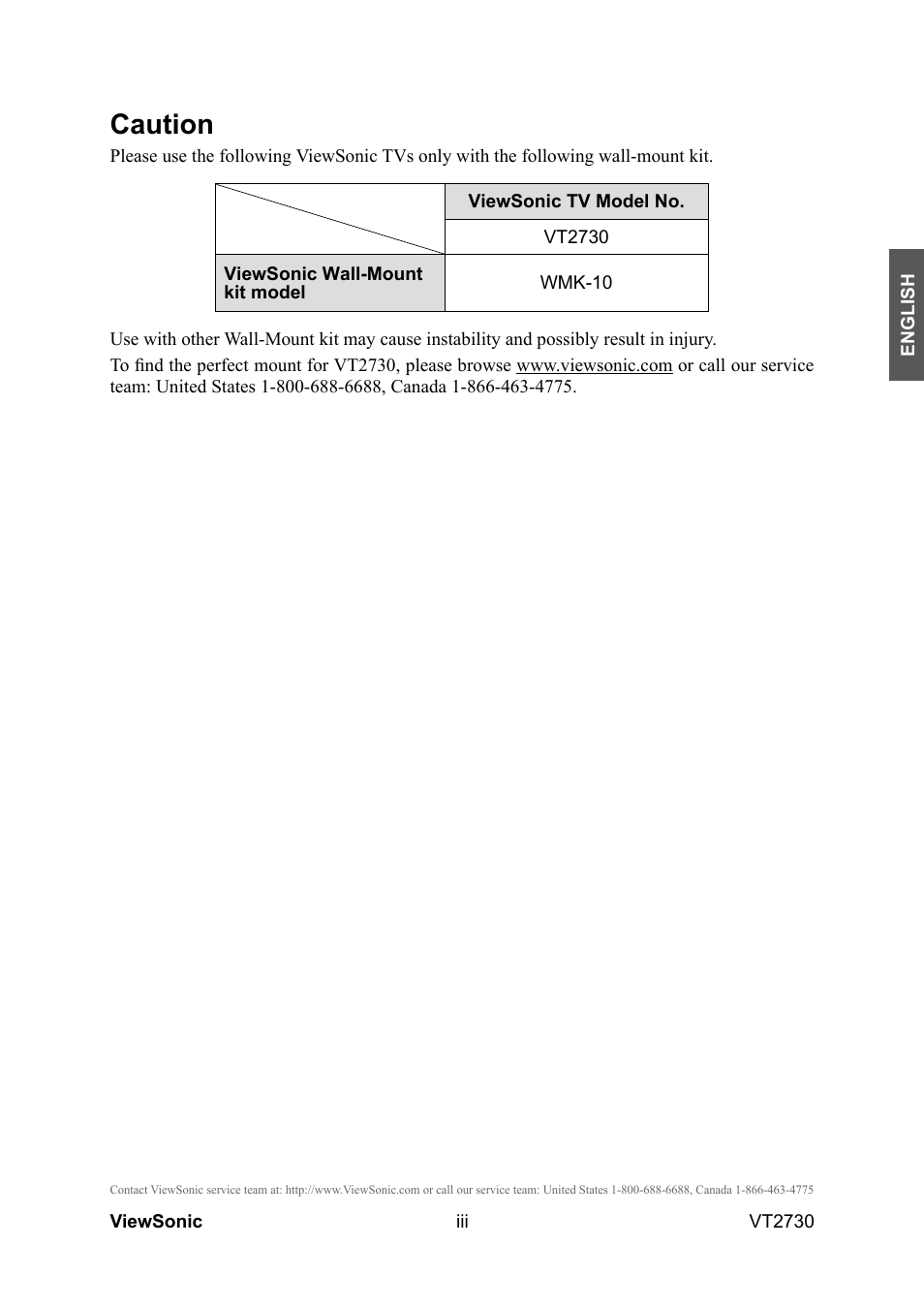 Caution | VIEWSONIC VT2730 User Manual | Page 4 / 52