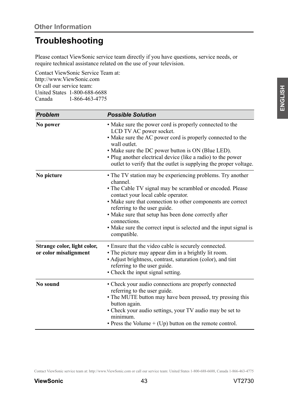 Troubleshooting | VIEWSONIC VT2730 User Manual | Page 48 / 52