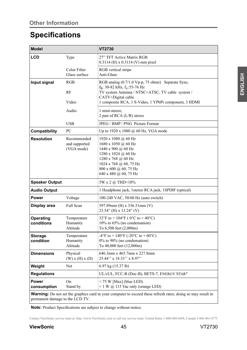 Specifications, Other information | VIEWSONIC VT2730 User Manual | Page 50 / 52