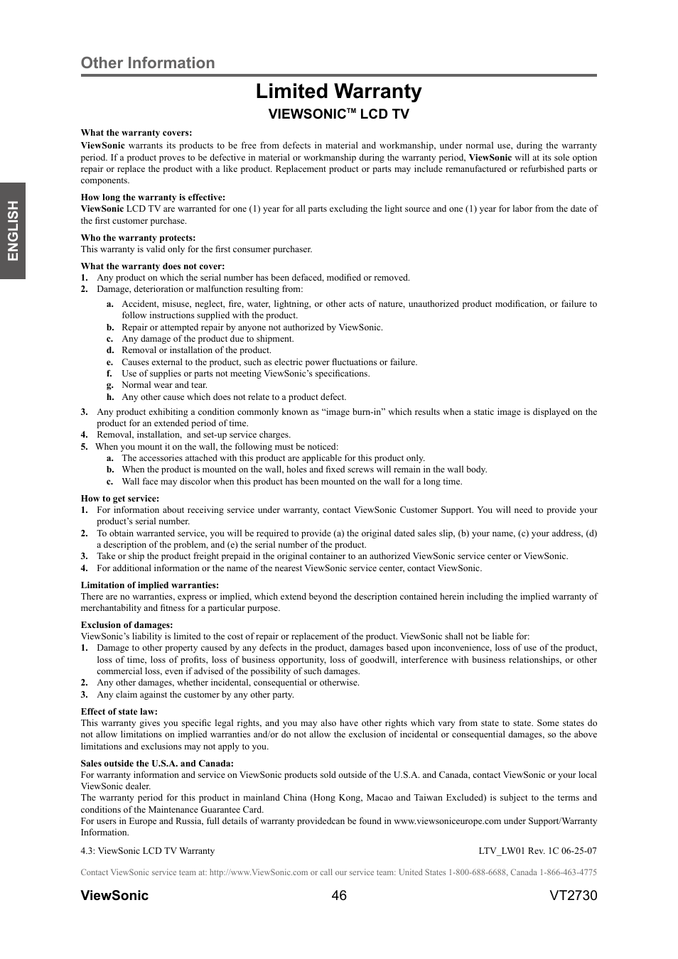 Limited warranty, Other information, 46 english | Viewsonic vt2730, Viewsonic, Lcd tv | VIEWSONIC VT2730 User Manual | Page 51 / 52