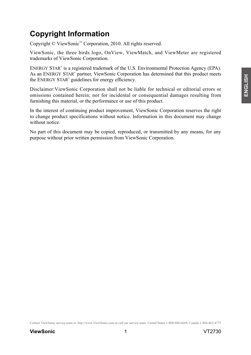 Copyright information | VIEWSONIC VT2730 User Manual | Page 6 / 52