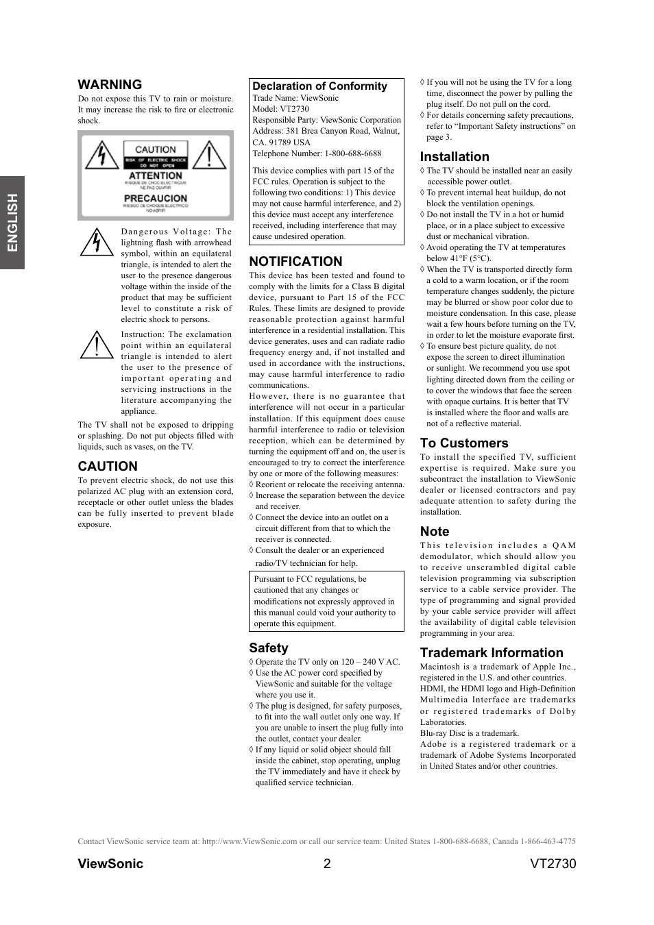 2english, Viewsonic vt2730 warning, Caution | Notification, Safety, Installation, Trademark information, Declaration of conformity | VIEWSONIC VT2730 User Manual | Page 7 / 52