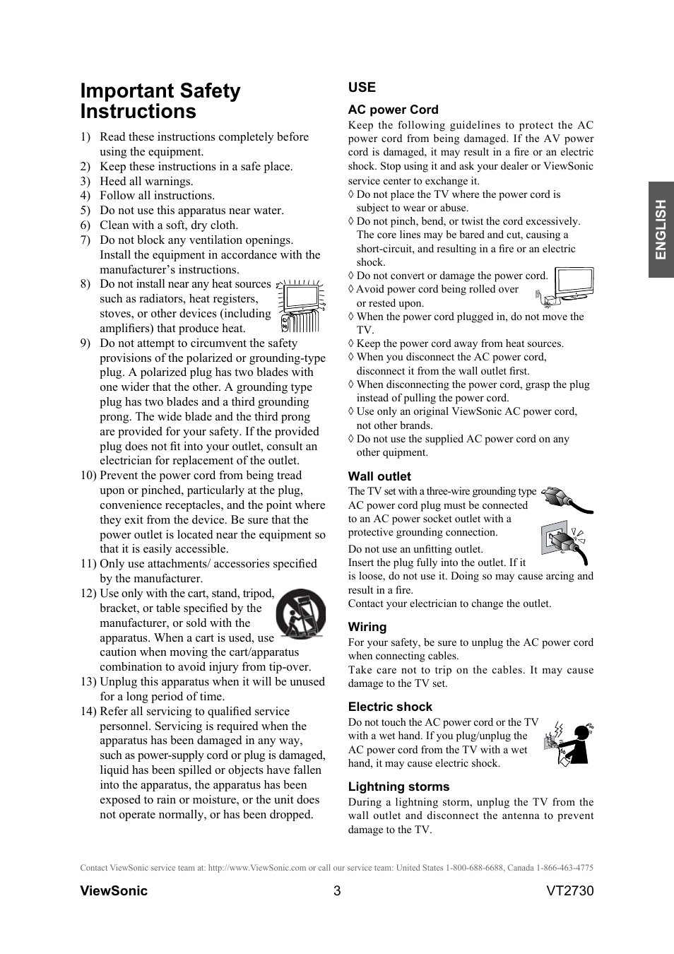 Important safety instructions | VIEWSONIC VT2730 User Manual | Page 8 / 52