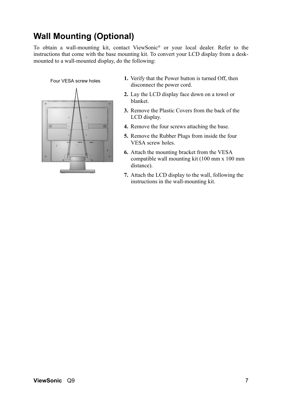 Wall mounting (optional) | VIEWSONIC Optiquest Q9B User Manual | Page 11 / 23