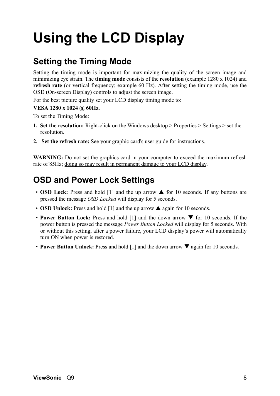 Using the lcd display, Setting the timing mode, Osd and power lock settings | VIEWSONIC Optiquest Q9B User Manual | Page 12 / 23