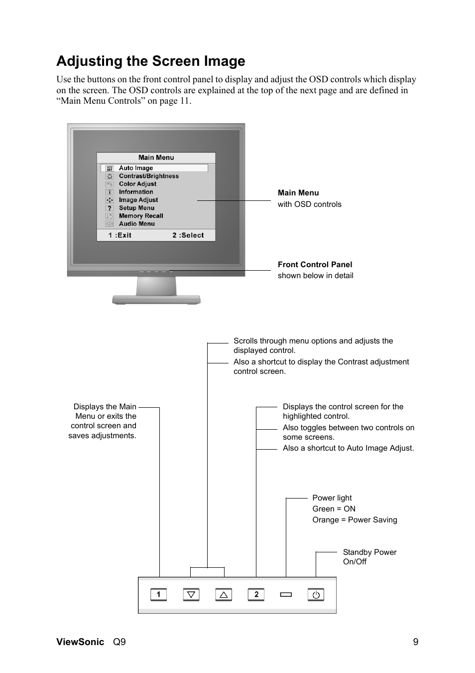 Adjusting the screen image | VIEWSONIC Optiquest Q9B User Manual | Page 13 / 23