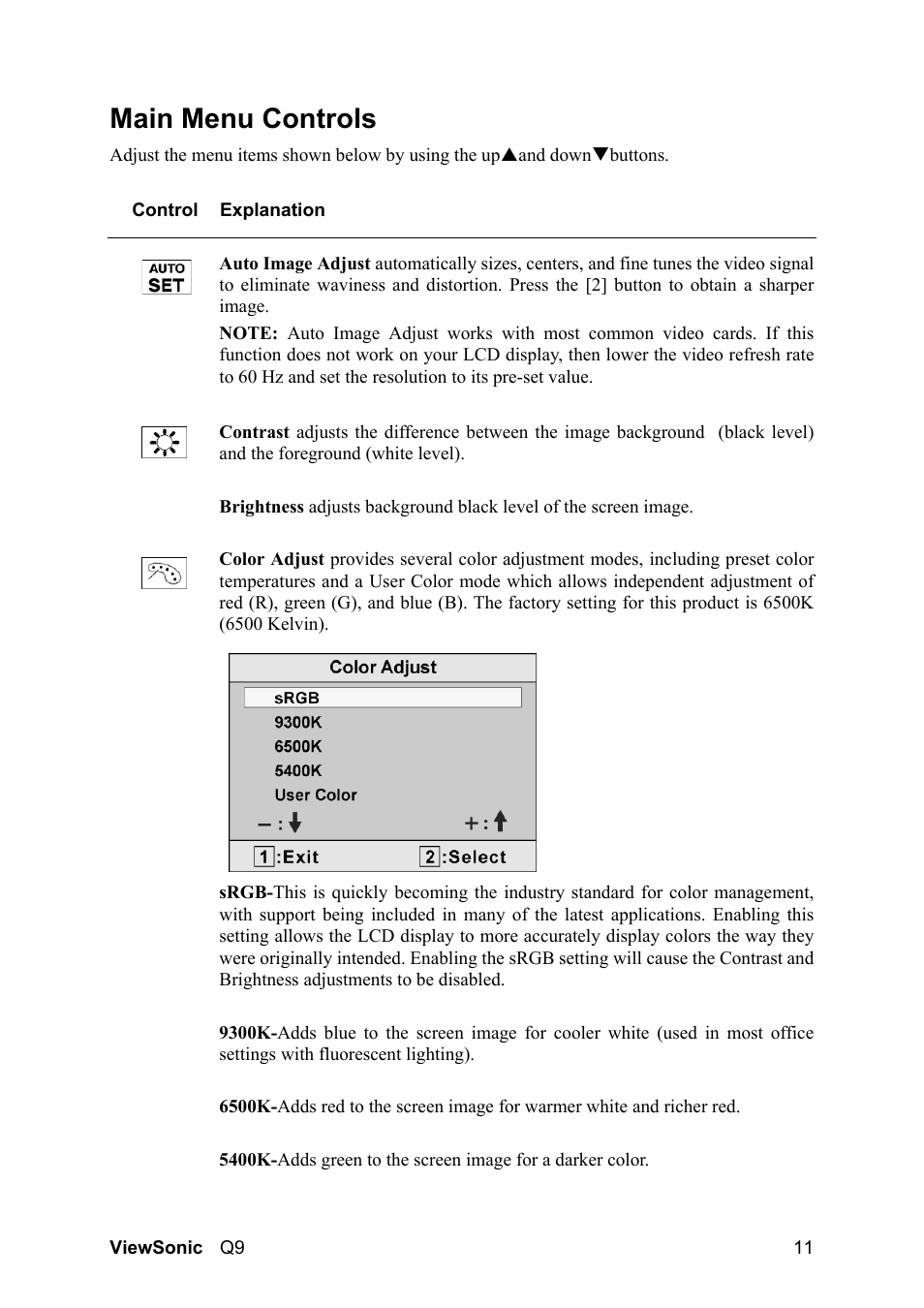 Main menu controls | VIEWSONIC Optiquest Q9B User Manual | Page 15 / 23