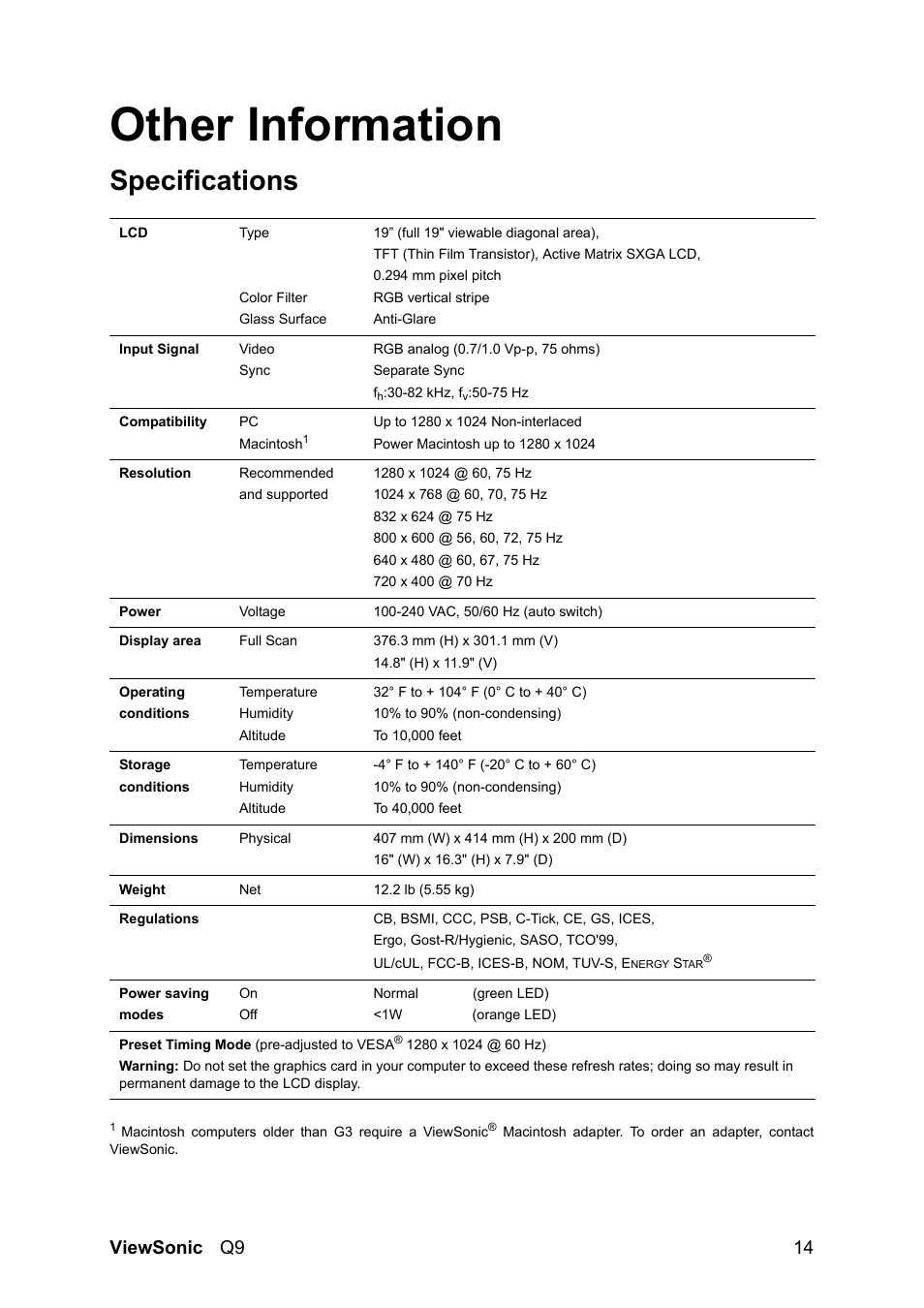 Other information, Specifications, Viewsonic q9 14 | VIEWSONIC Optiquest Q9B User Manual | Page 18 / 23