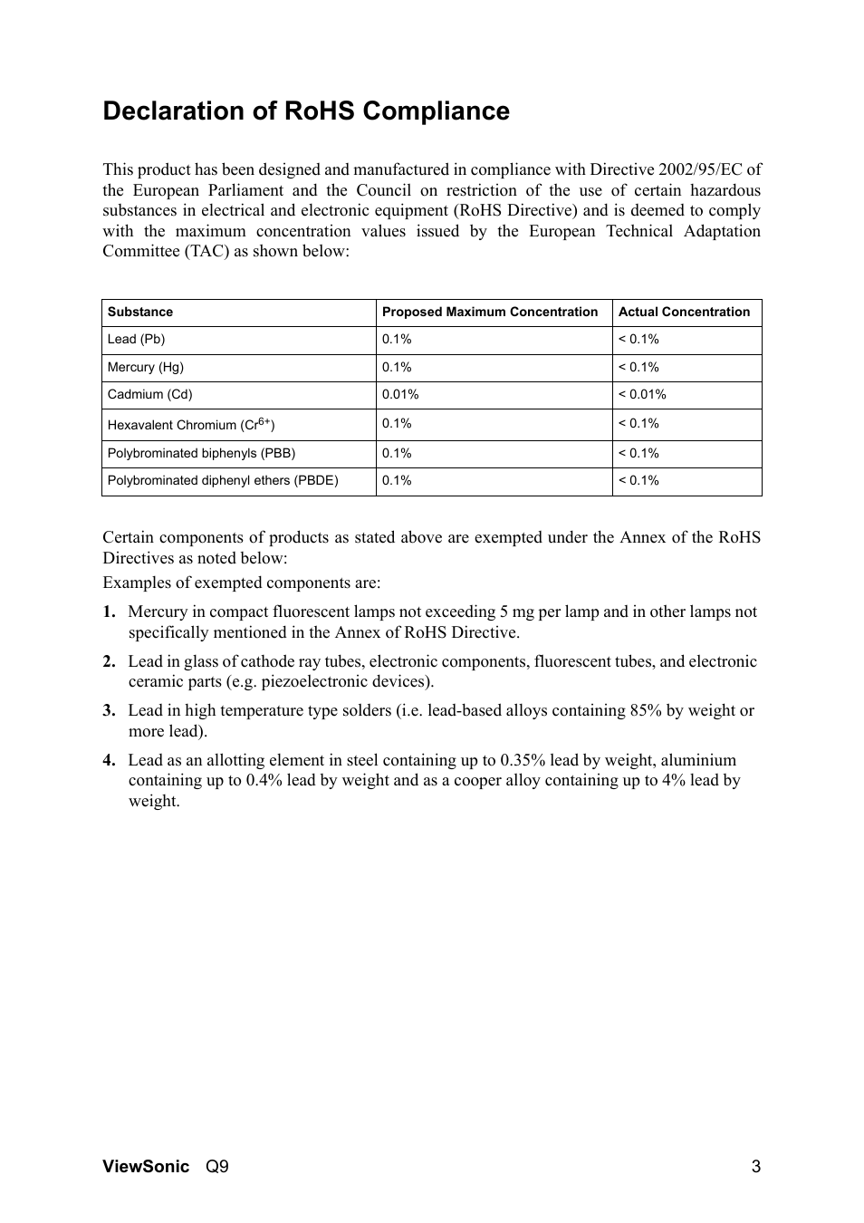 Declaration of rohs compliance | VIEWSONIC Optiquest Q9B User Manual | Page 7 / 23