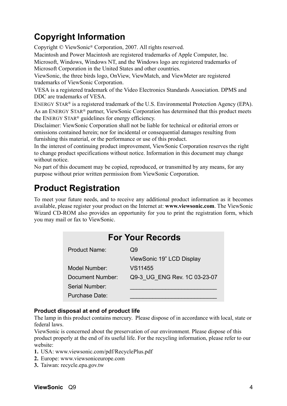 Copyright information, Product registration, For your records | VIEWSONIC Optiquest Q9B User Manual | Page 8 / 23