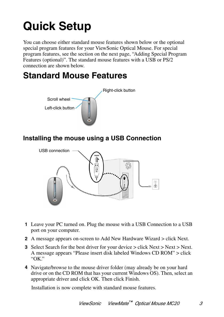 Quick setup, Standard mouse features, Installing the mouse using a usb connection | VIEWSONIC ViewMate VS102127 User Manual | Page 4 / 9