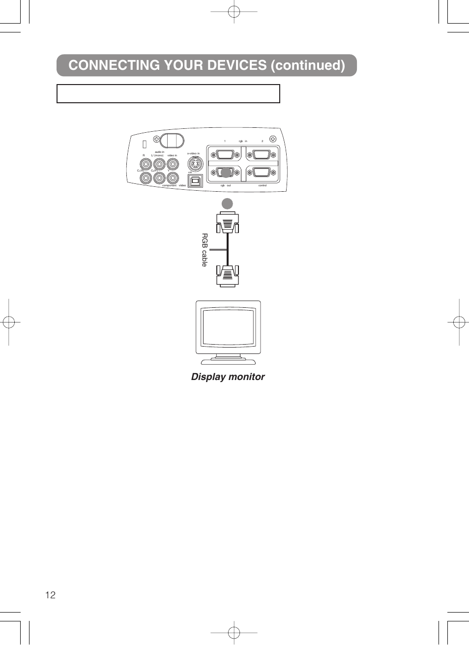 Connecting your devices (continued), Connecting to a display monitor, Display monitor | Rgb cable | VIEWSONIC S50/X50 User Manual | Page 13 / 41