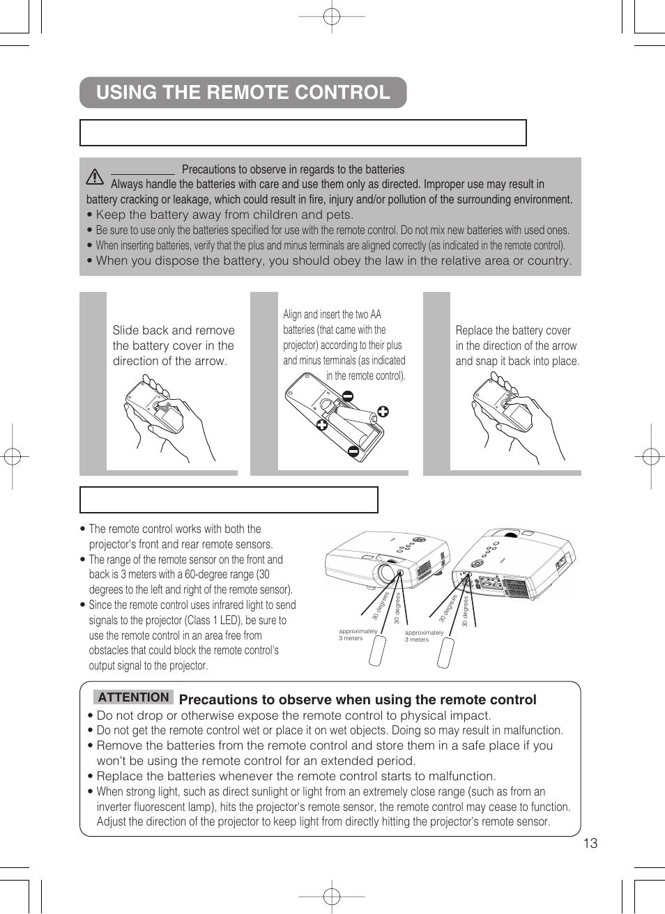 23 using the remote control, Remove the battery cover, Insert the batteries | Close the battery cover | VIEWSONIC S50/X50 User Manual | Page 14 / 41