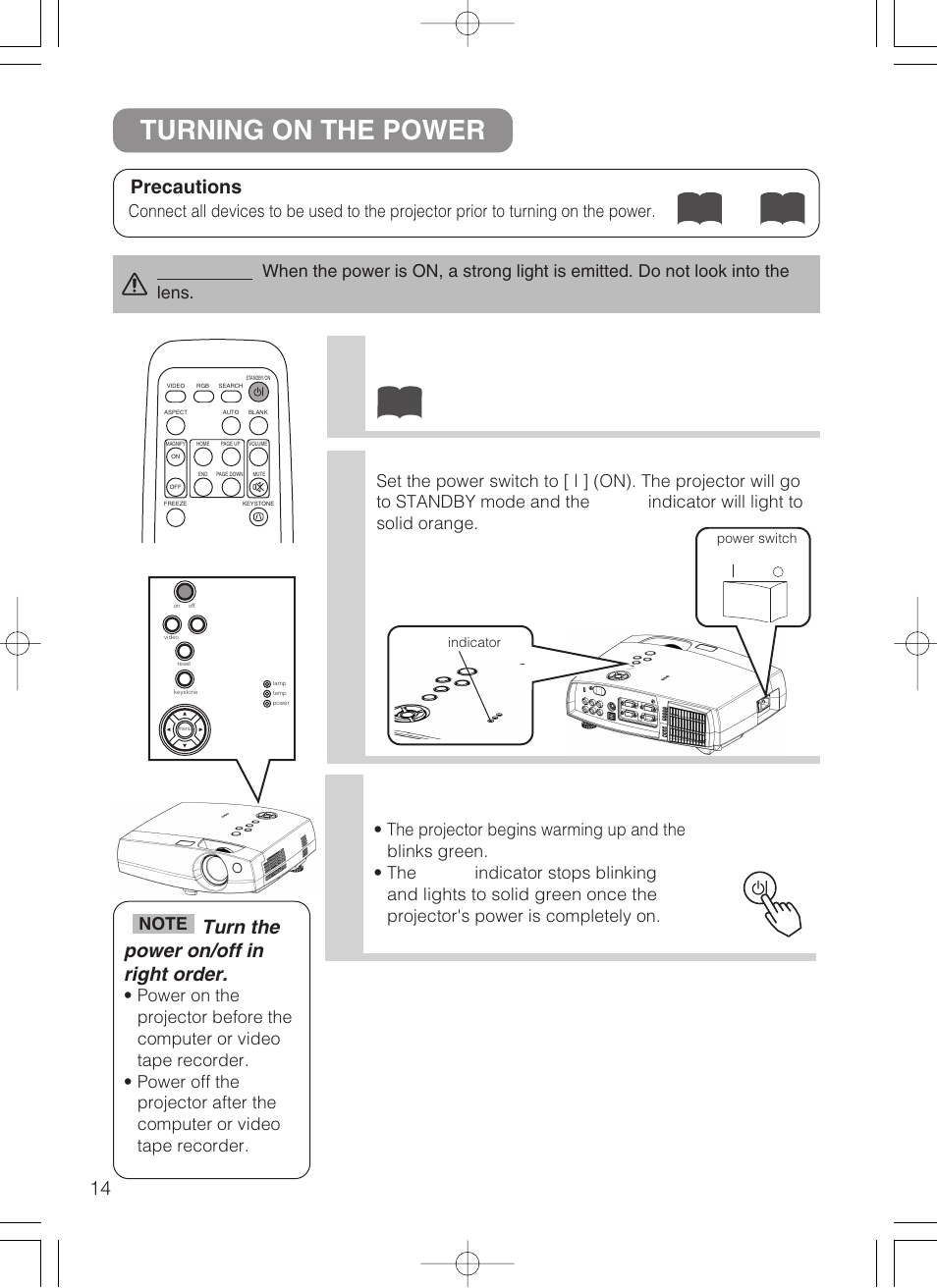 Turning on the power, Turn on the projector's power, Precautions | Turn the power on/off in right order, Control panel | VIEWSONIC S50/X50 User Manual | Page 15 / 41