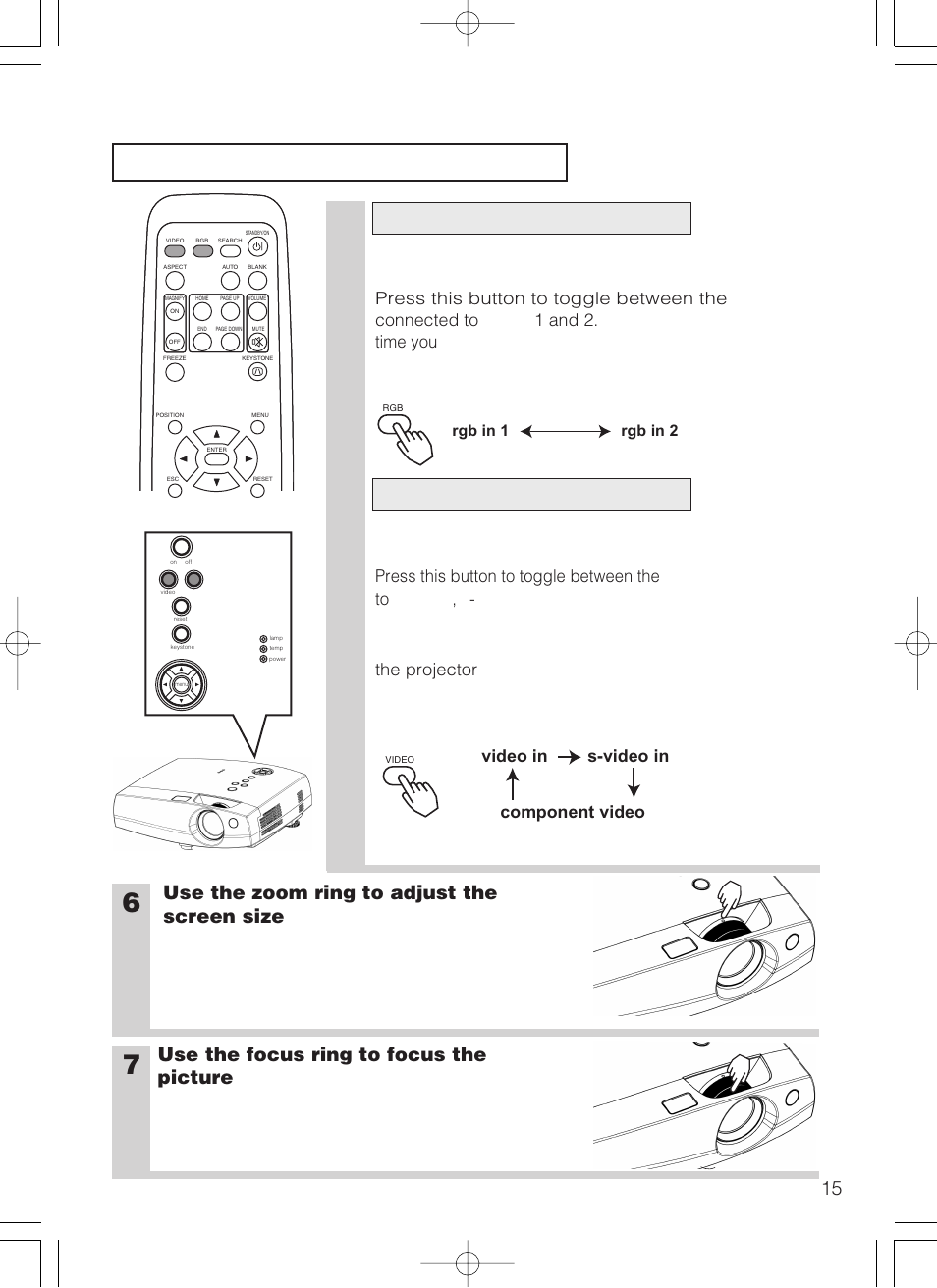 Selecting an input signal, 15 selecting a rgb signal, Selecting a video signal | Control panel, Video in s-video in component video, Rgb in 1 rgb in 2 | VIEWSONIC S50/X50 User Manual | Page 16 / 41