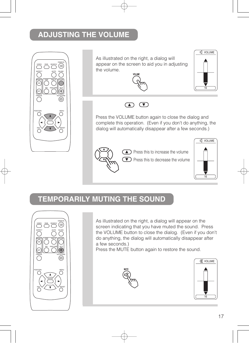 Adjusting the volume temporarily muting the sound, Press the volume button, Press the mute button | Press the , buttons to adjust the volume | VIEWSONIC S50/X50 User Manual | Page 18 / 41