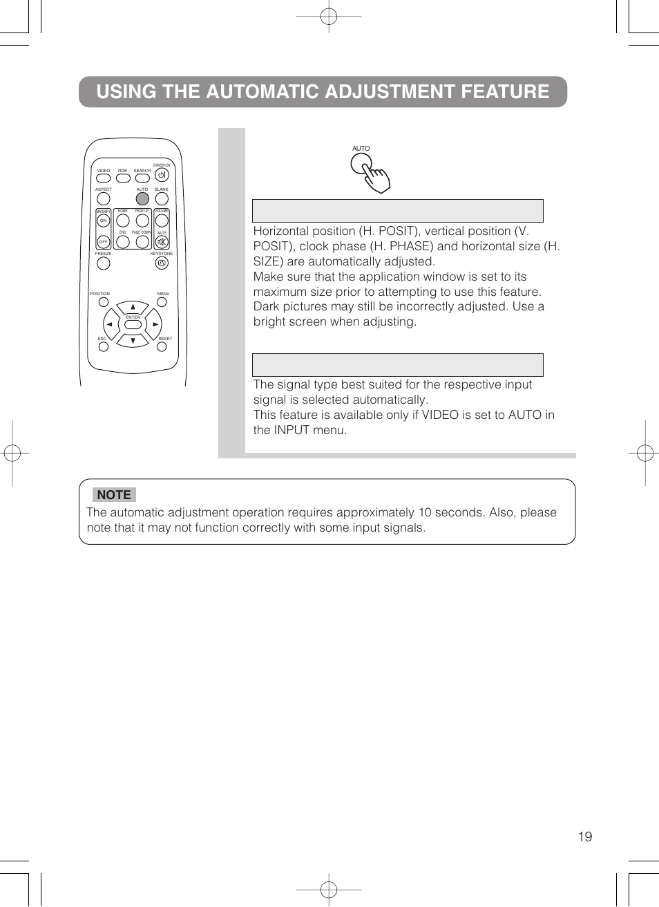 1using the automatic adjustment feature, Press the auto button | VIEWSONIC S50/X50 User Manual | Page 20 / 41