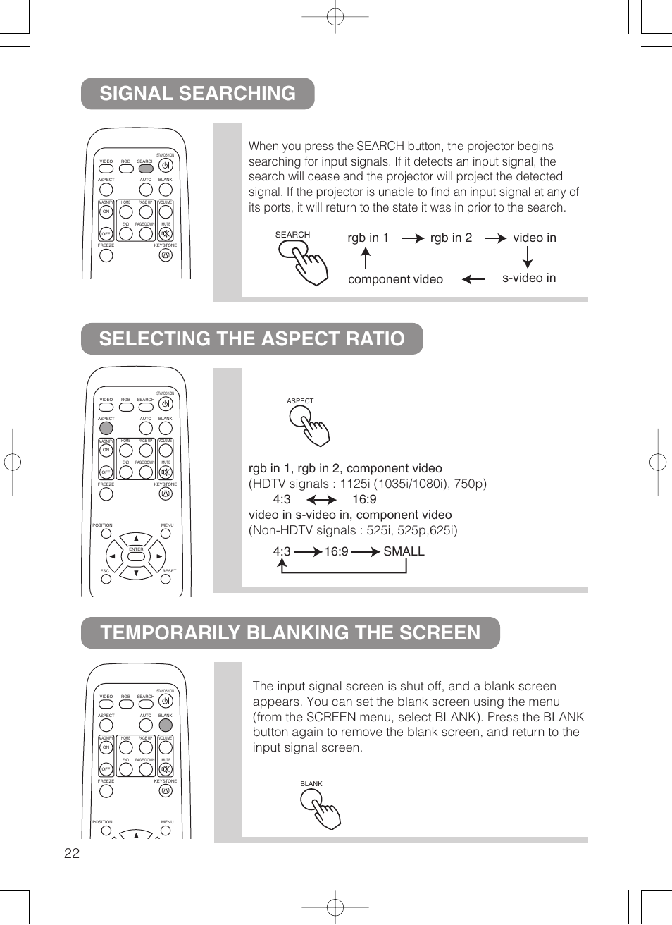 Press the search button, Press the aspect button, Press the blank button | VIEWSONIC S50/X50 User Manual | Page 23 / 41