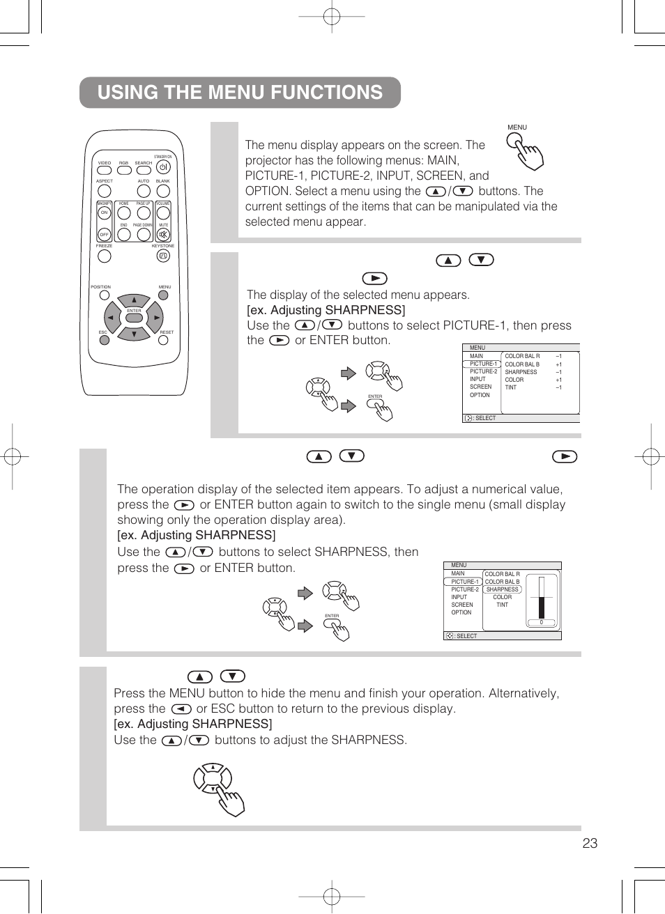 Using the menu functions 1, Press the menu button, Press the / buttons to adjust the level | VIEWSONIC S50/X50 User Manual | Page 24 / 41