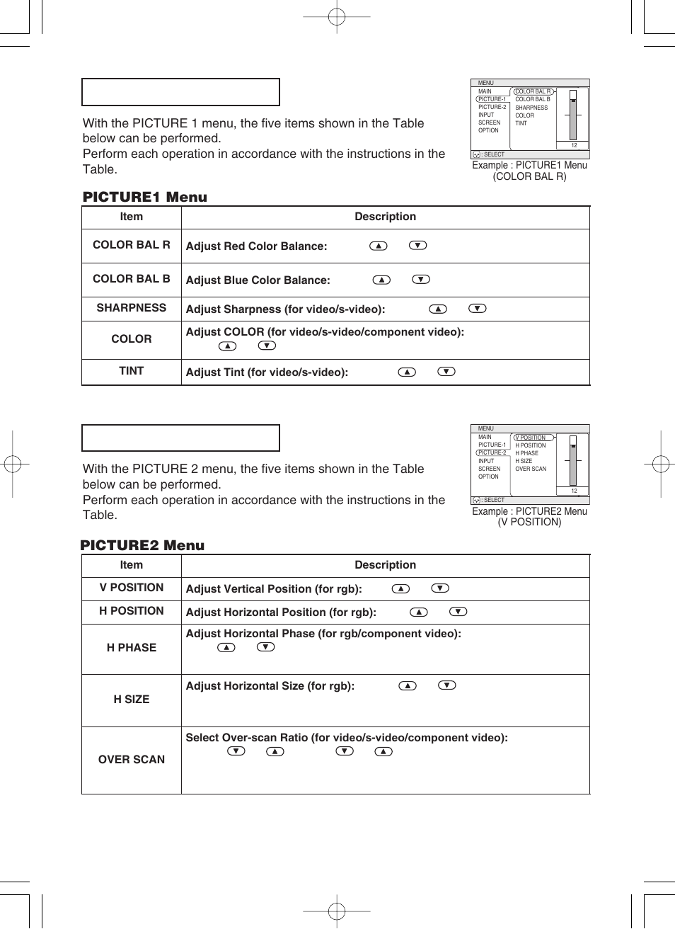 Picture 1 menu picture 2 menu, Picture1 menu, 25 picture2 menu | VIEWSONIC S50/X50 User Manual | Page 26 / 41