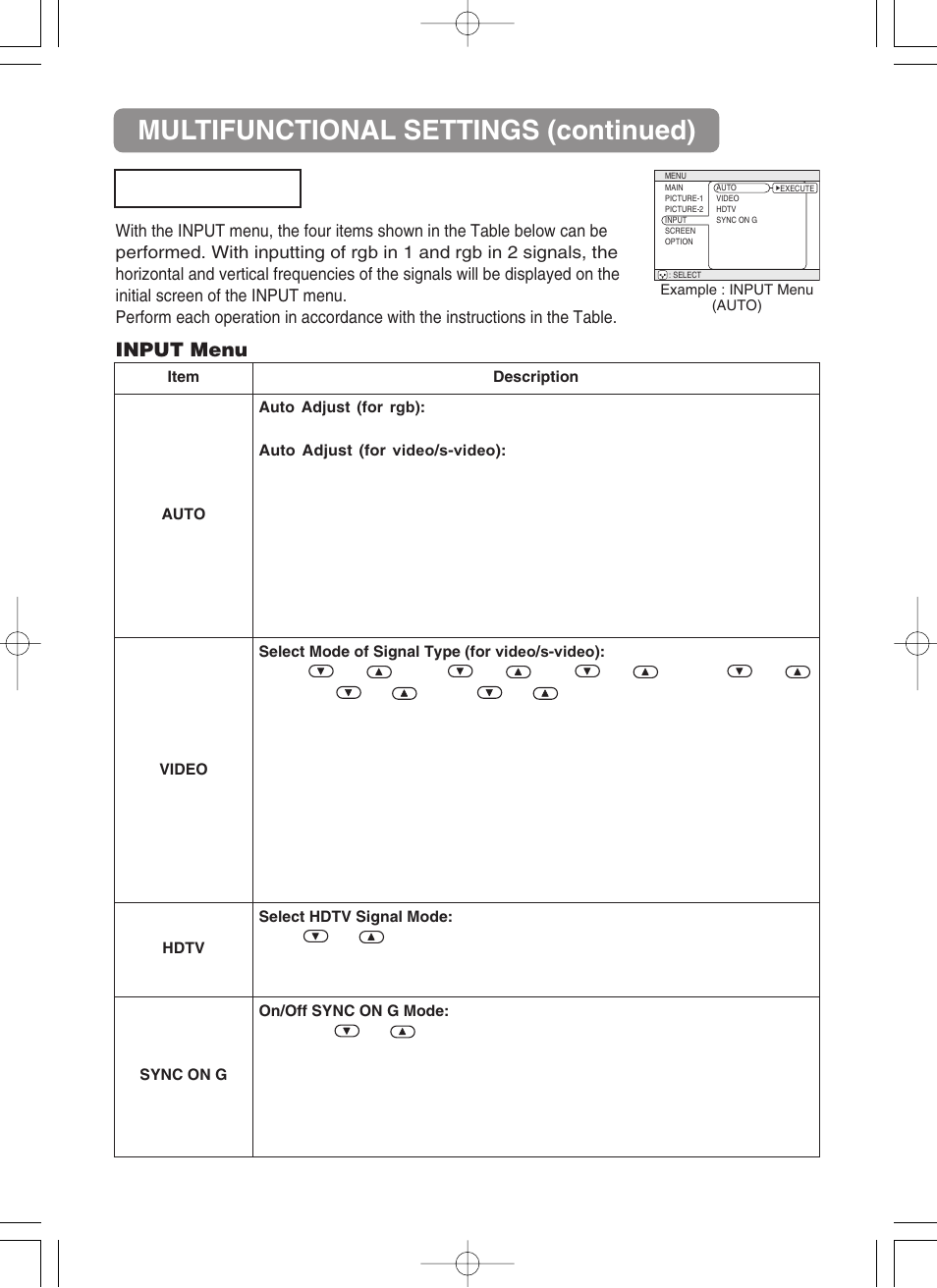 Multifunctional settings (continued), Input menu | VIEWSONIC S50/X50 User Manual | Page 27 / 41