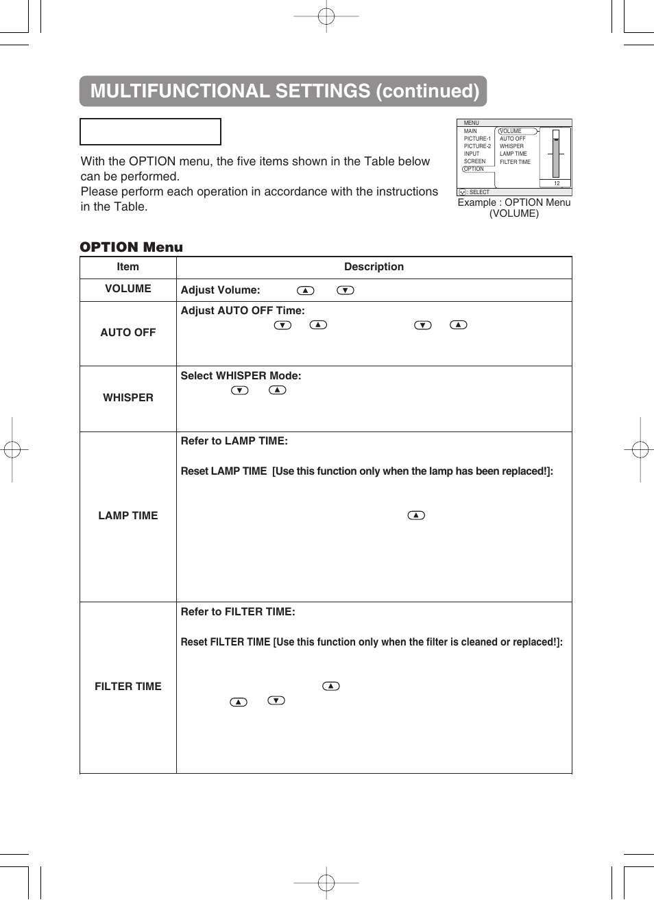 Multifunctional settings (continued), Option menu | VIEWSONIC S50/X50 User Manual | Page 29 / 41