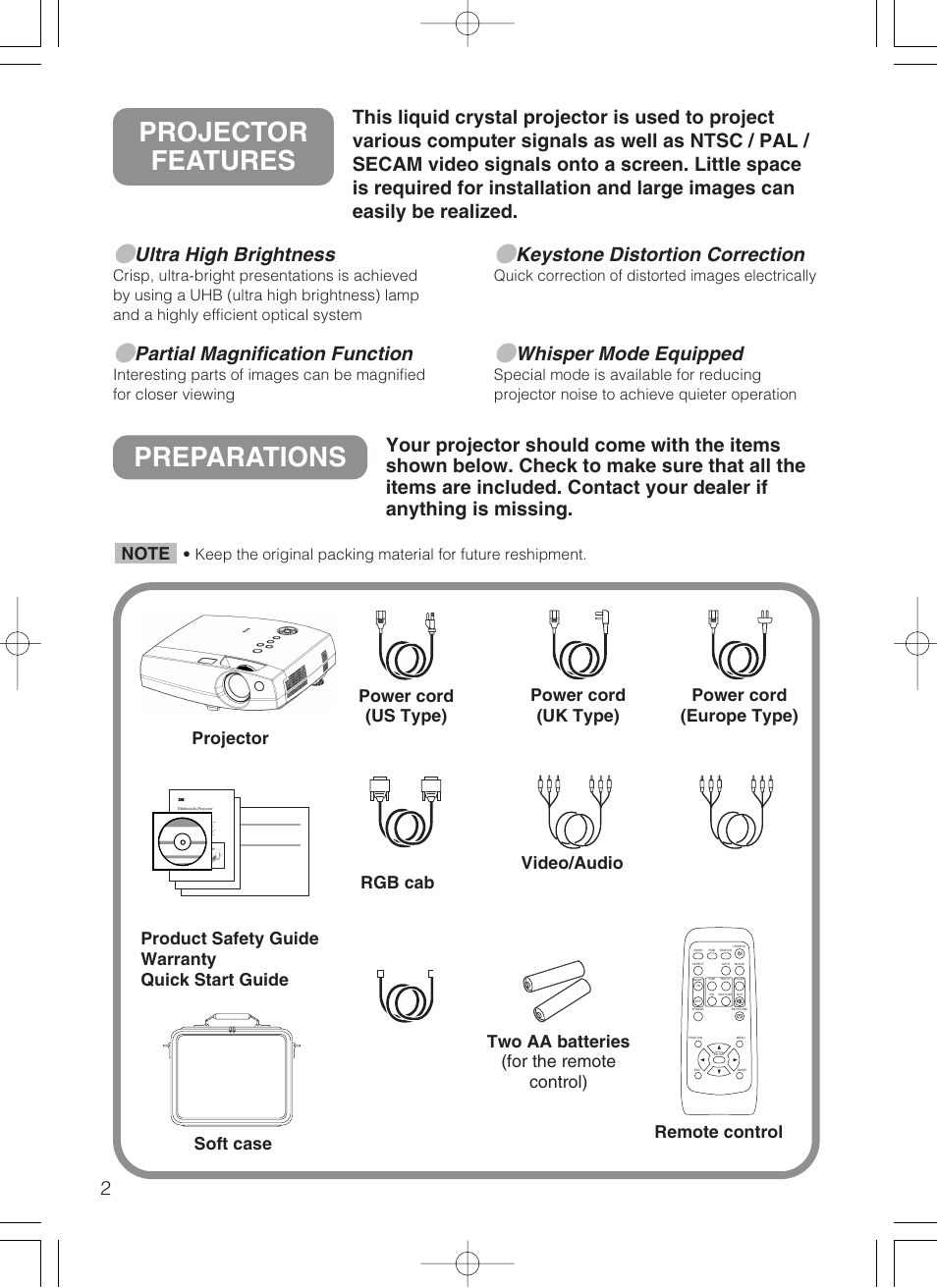 Preparations, Projector features, Ultra high brightness | Partial magnification function, Keystone distortion correction, Whisper mode equipped | VIEWSONIC S50/X50 User Manual | Page 3 / 41