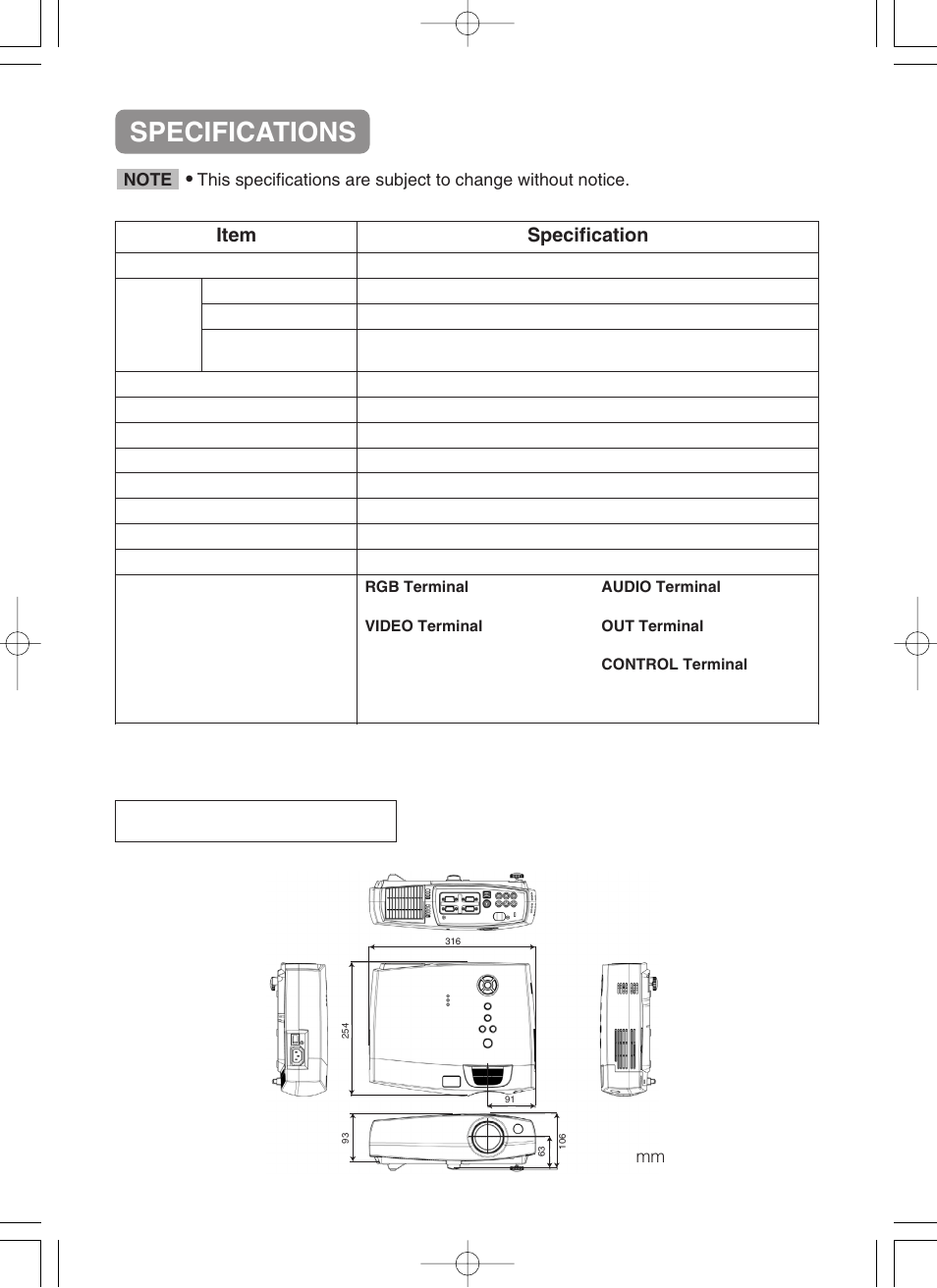 Specifications, Dimension diagram, Item specification | VIEWSONIC S50/X50 User Manual | Page 39 / 41