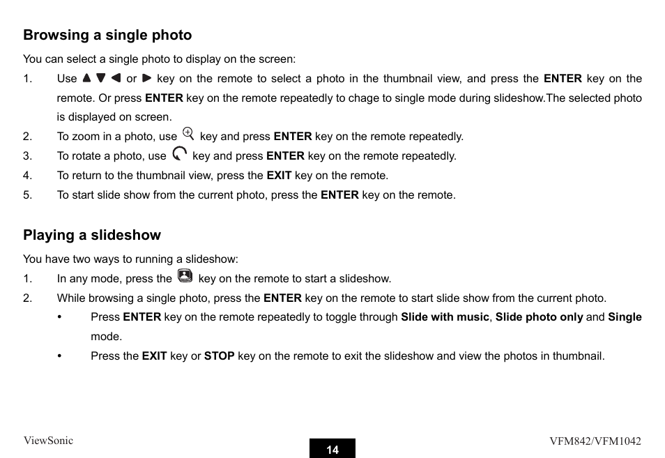 Browsing a single photo, Playing a slideshow | VIEWSONIC VS13442 User Manual | Page 19 / 37
