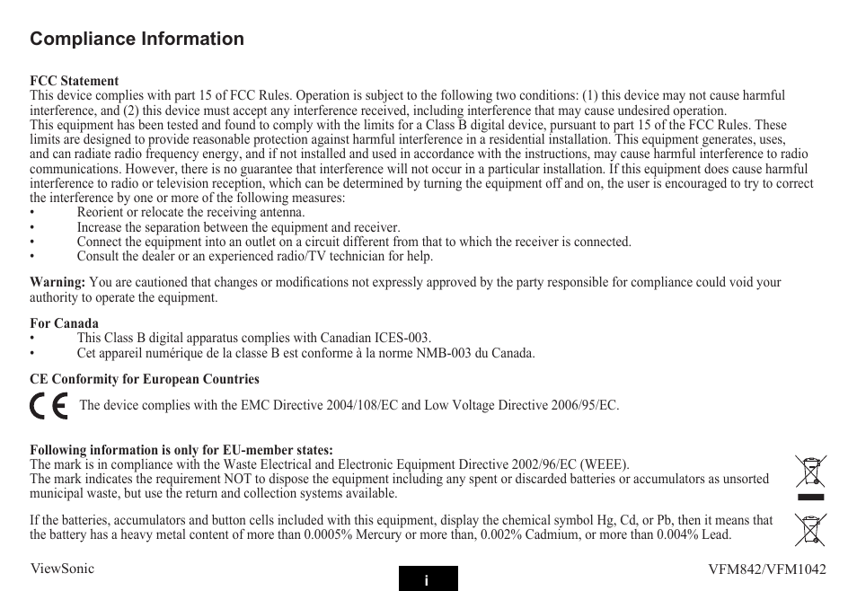 Compliance information | VIEWSONIC VS13442 User Manual | Page 2 / 37