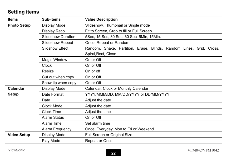 Setting items | VIEWSONIC VS13442 User Manual | Page 27 / 37