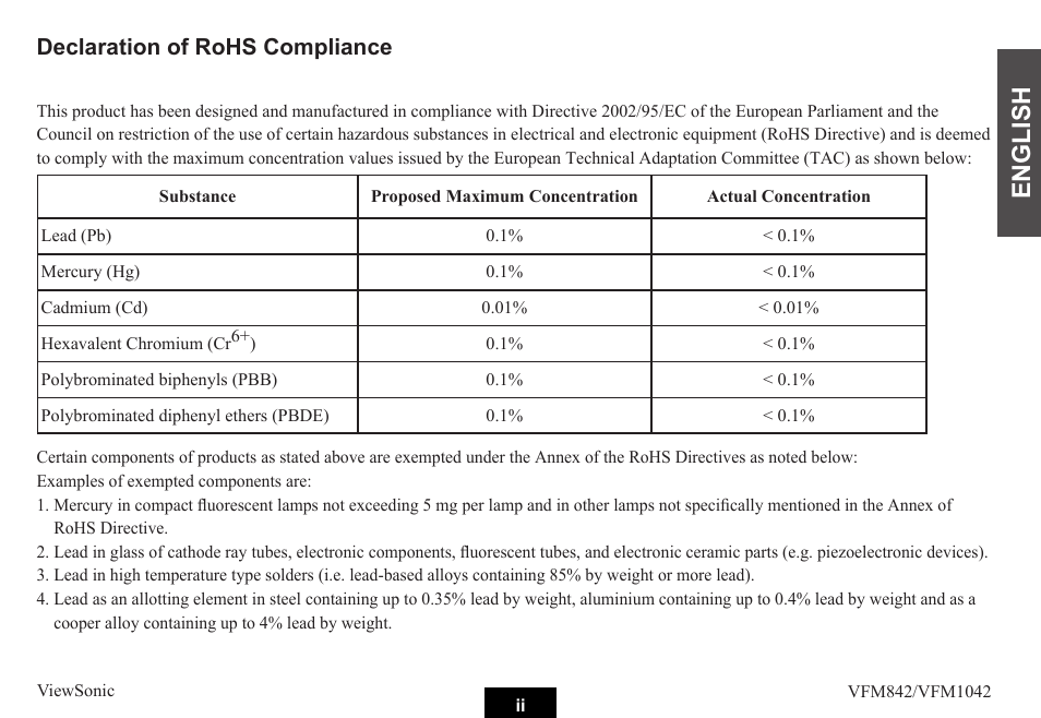 English, Declaration of rohs compliance | VIEWSONIC VS13442 User Manual | Page 3 / 37